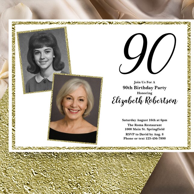 Convites 90º Personalizado Foto Branco e Dourado  (Criador carregado)
