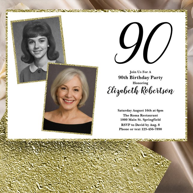 Convites 90º Personalizado Foto Branco e Dourado  (Criador carregado)