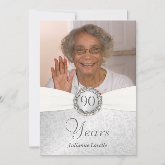 Convites 90 Aniversário de Fotos - Prata e Branco (Frente)