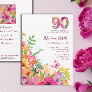 Convites 90 Anos Flores Borboleta Vovó Aniversário de 90 An