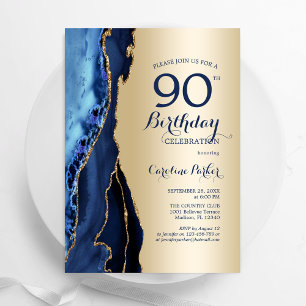 Convites 90 Azul-Agate do Marinho Dourado Aniversário