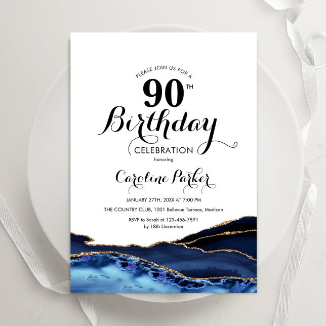 Convites 90 Azul-Dourado de Agate Branco marinho Aniversári (Criador carregado)