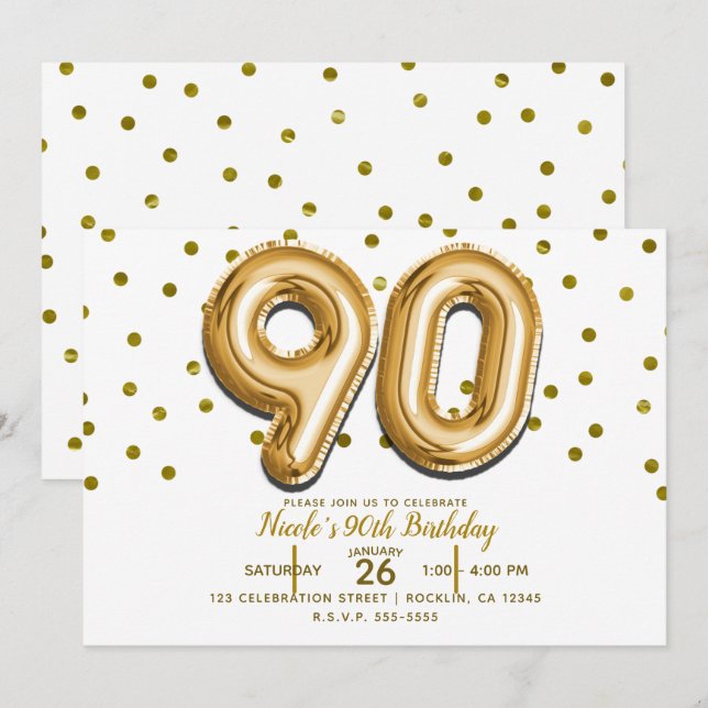 Convites 90 Balões Dourados e Confetes Aniversário de 90 An (Frente/Verso)