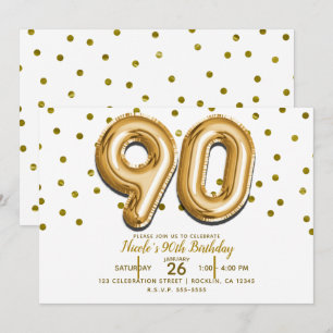 Convites 90 Balões Dourados e Confetes Aniversário de 90 An