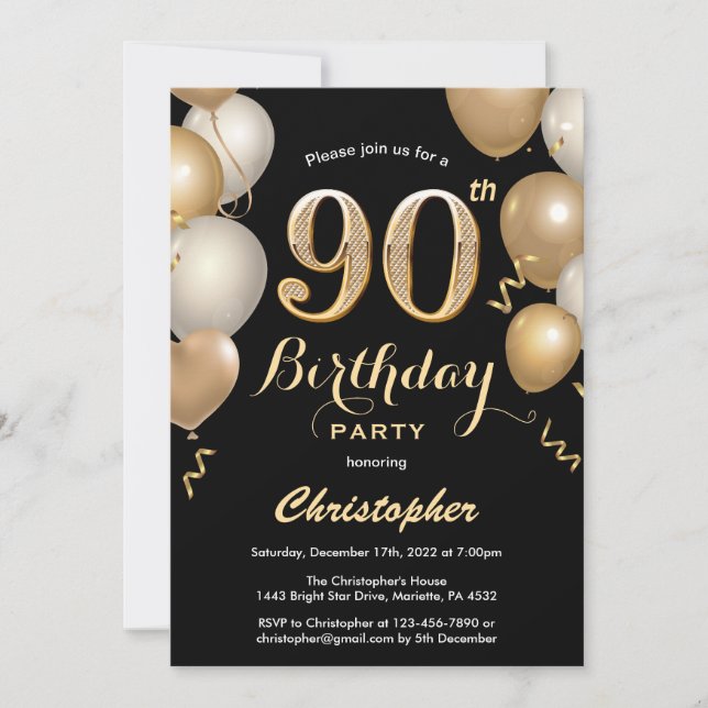 Convites 90 Birthday Black and Dourado Balloons Confetti (Frente)