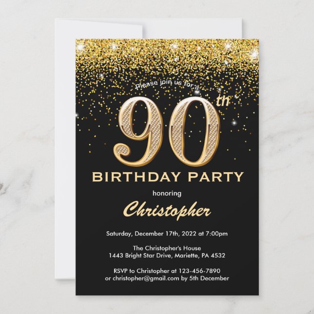 Convites 90 Birthday Black and Dourado Glitter Confetti (Frente)