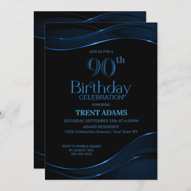 Convites 90 Birthday Black Blue Party (Frente/Verso)
