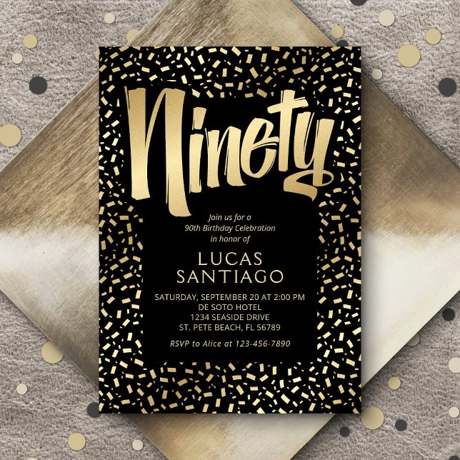 Convites 90 Birthday Black Dourado Confetti (Criador carregado)