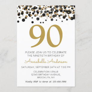 Convites 90 Birthday Black Glitter Sparkle Confetti
