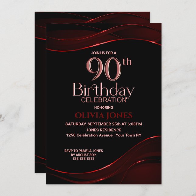Convites 90 Birthday Black Red Party (Frente/Verso)