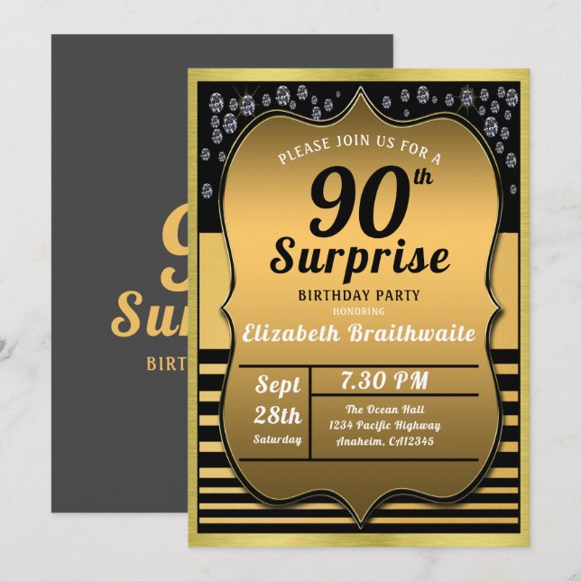 Convites 90 Birthday Black Surprise Party (Frente/Verso)