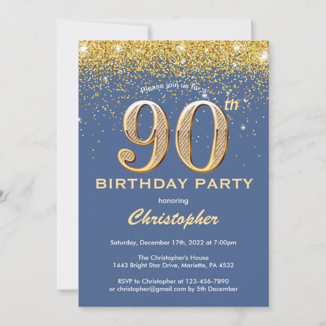 Convites 90 Birthday Blue e Dourada Glitter Confetti (Frente)