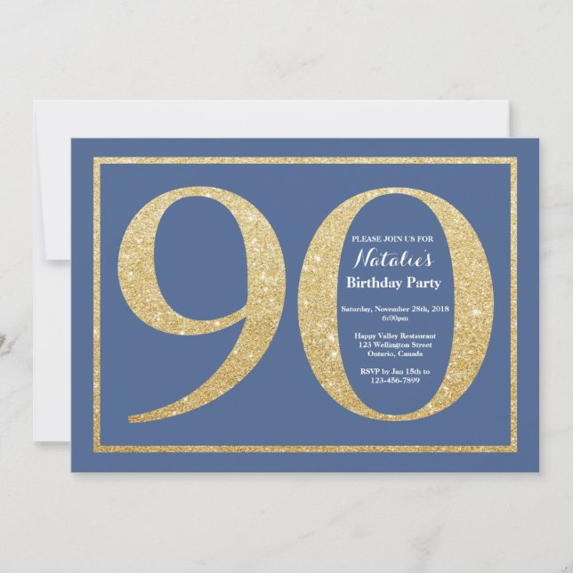 Convites 90 Birthday Blue e Dourado Glitter (Frente)