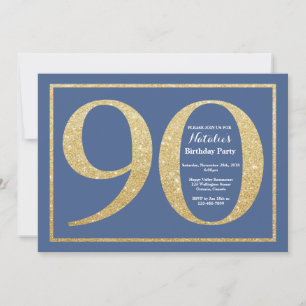 Convites 90 Birthday Blue e Dourado Glitter