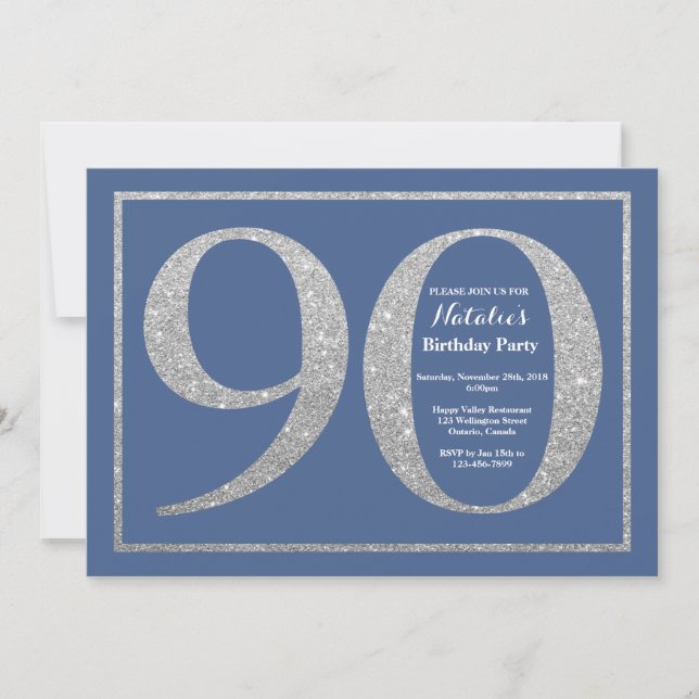Convites 90 Birthday Blue e Silver Glitter (Frente)