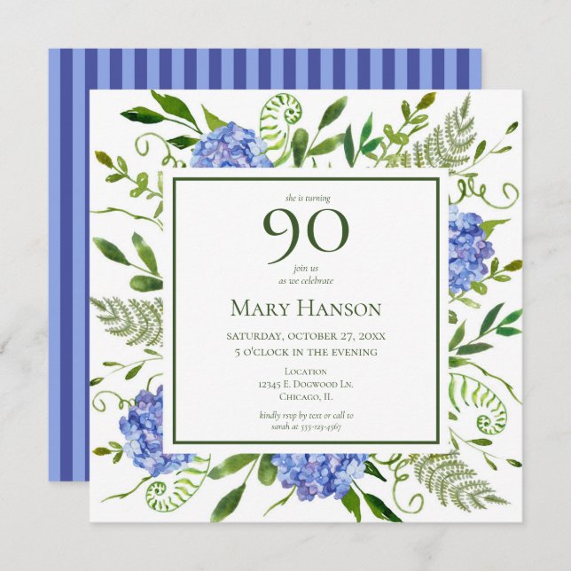 Convites 90 Birthday Blue Hydrangeas (Frente/Verso)