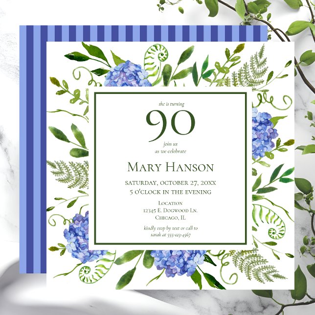 Convites 90 Birthday Blue Hydrangeas (Criador carregado)