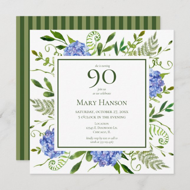 Convites 90 Birthday Blue Hydrangeas (Frente/Verso)