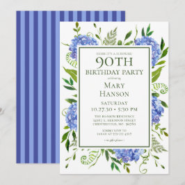 Convites 90 Birthday Blue Hydrangeas Floral Watercolor