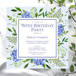 Convites 90 Birthday Blue Hydrangeas Floral Watercolor