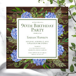 Convites 90 Birthday Blue Hydrangeas Floral Watercolor