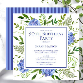 Convites 90 Birthday Blue Hydrangeas Floral Watercolor