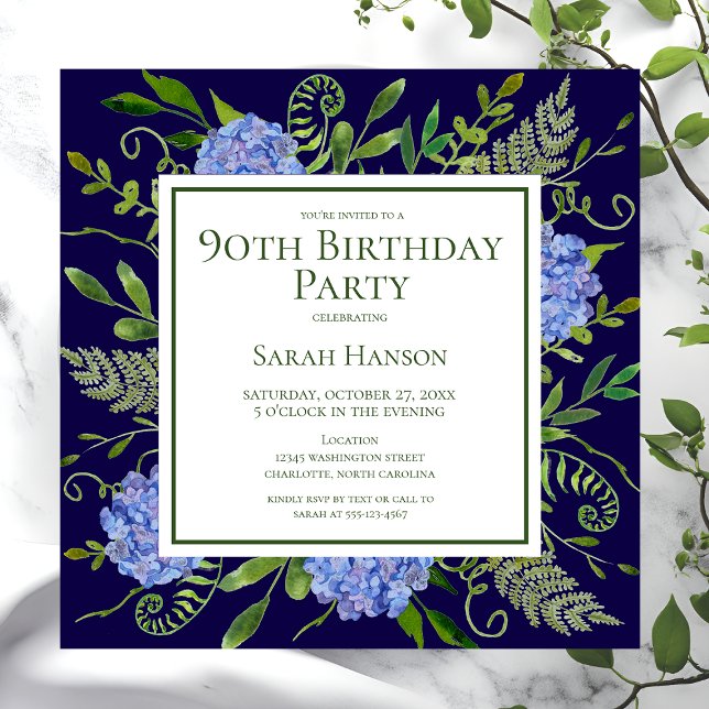 Convites 90 Birthday Blue Hydrangeas Floral Watercolor (Criador carregado)