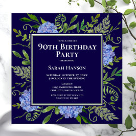 Convites 90 Birthday Blue Hydrangeas Floral Watercolor