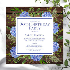 Convites 90 Birthday Blue Hydrangeas Floral Watercolor