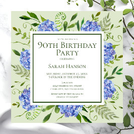 Convites 90 Birthday Blue Hydrangeas Floral Watercolor
