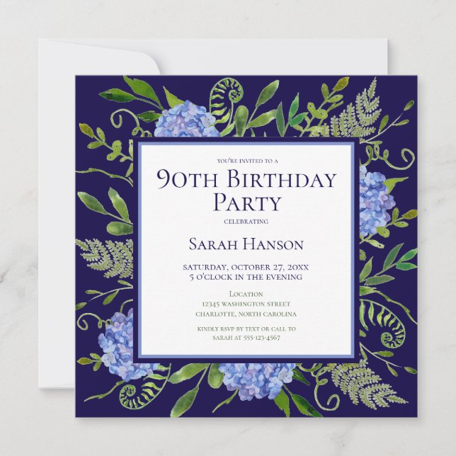 Convites 90 Birthday Blue Hydrangeas Floral Watercolor (Frente)