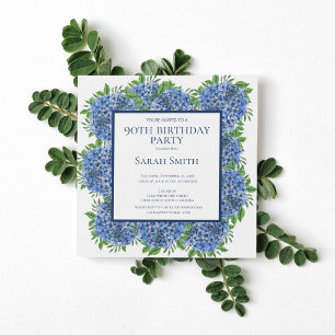 Convites 90 Birthday Blue Hydrangeas Watercolor Party Inv