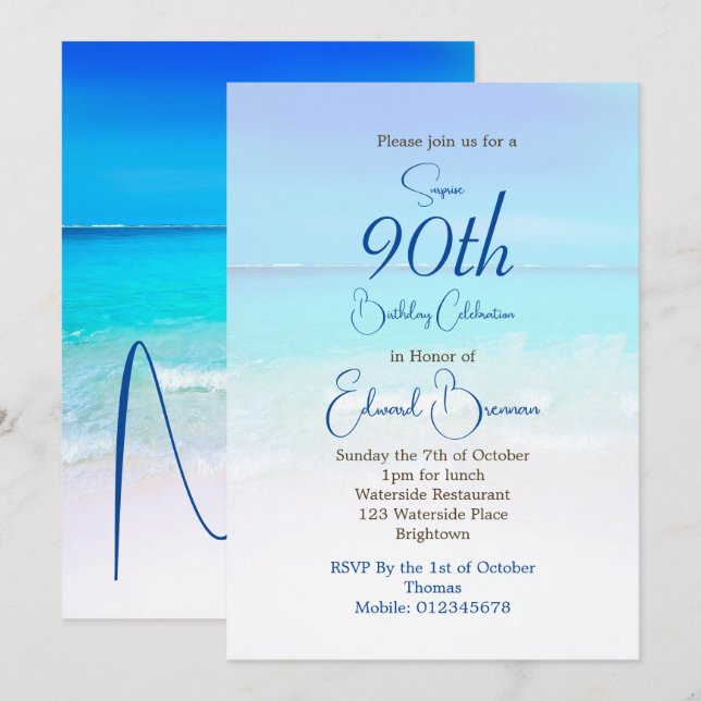 Convites 90 Birthday Blue Ocean Destino Aniversário (Frente/Verso)