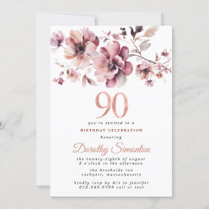 Convites 90 Birthday Burgundy Dusty Blush Rosa Floral