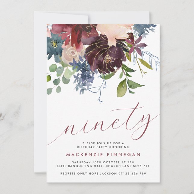 Convites 90 Birthday Burgundy & Marinho - Partido Floral (Frente)