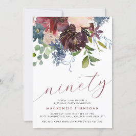 Convites 90 Birthday Burgundy & Marinho - Partido Floral