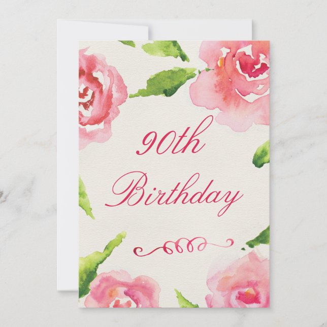 Convites 90 Birthday Chic Rosas de Aquarela (Frente)