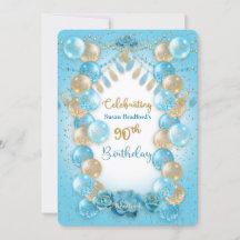 90 Birthday Damas Azul Dourado Balões Design