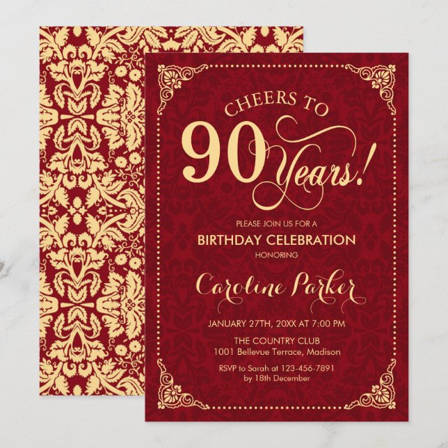 Convites 90 Birthday - Dourado Damasco Vermelho (Frente/Verso)