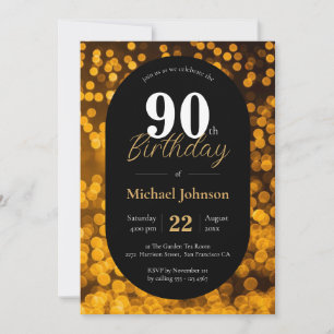 Convites 90 Birthday Dourado Elegante Negro Simples Persona