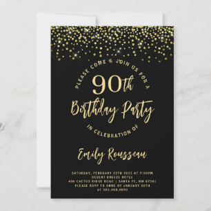 Convites 90 Birthday Dourado Glitter Confetti Preto