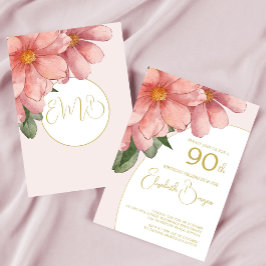Convites 90 Birthday Dourado Pink Elegante Floral Aniversár