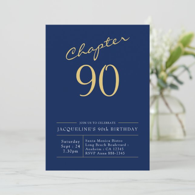 Convites 90 Birthday Dourado Script Azul (Em pé/Frente)