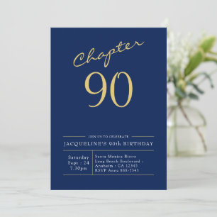 Convites 90 Birthday Dourado Script Azul