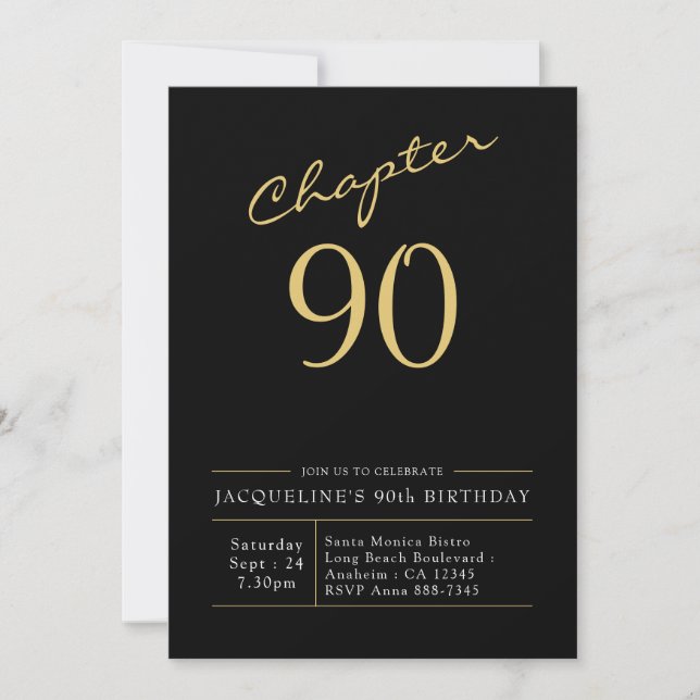 Convites 90 Birthday Dourado Script Preto (Frente)