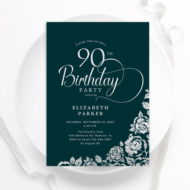 Convites 90 Birthday Elegant Emerald Green Silver Rosas (Criador carregado)