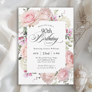 Convites 90 Birthday Elegant Pink Roses Calliografia
