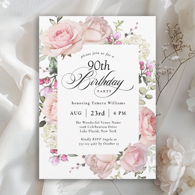Convites 90 Birthday Elegant Pink Roses Calliografia (Available in both printed and instant download digital formats.)
