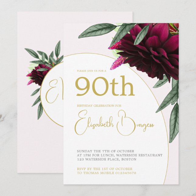 Convites 90 Birthday Floral Dourado Monograma Elegante (Frente/Verso)
