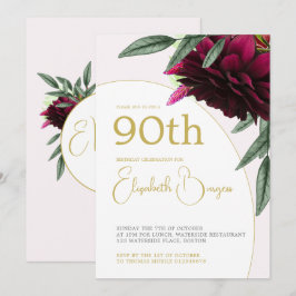 Convites 90 Birthday Floral Dourado Monograma Elegante